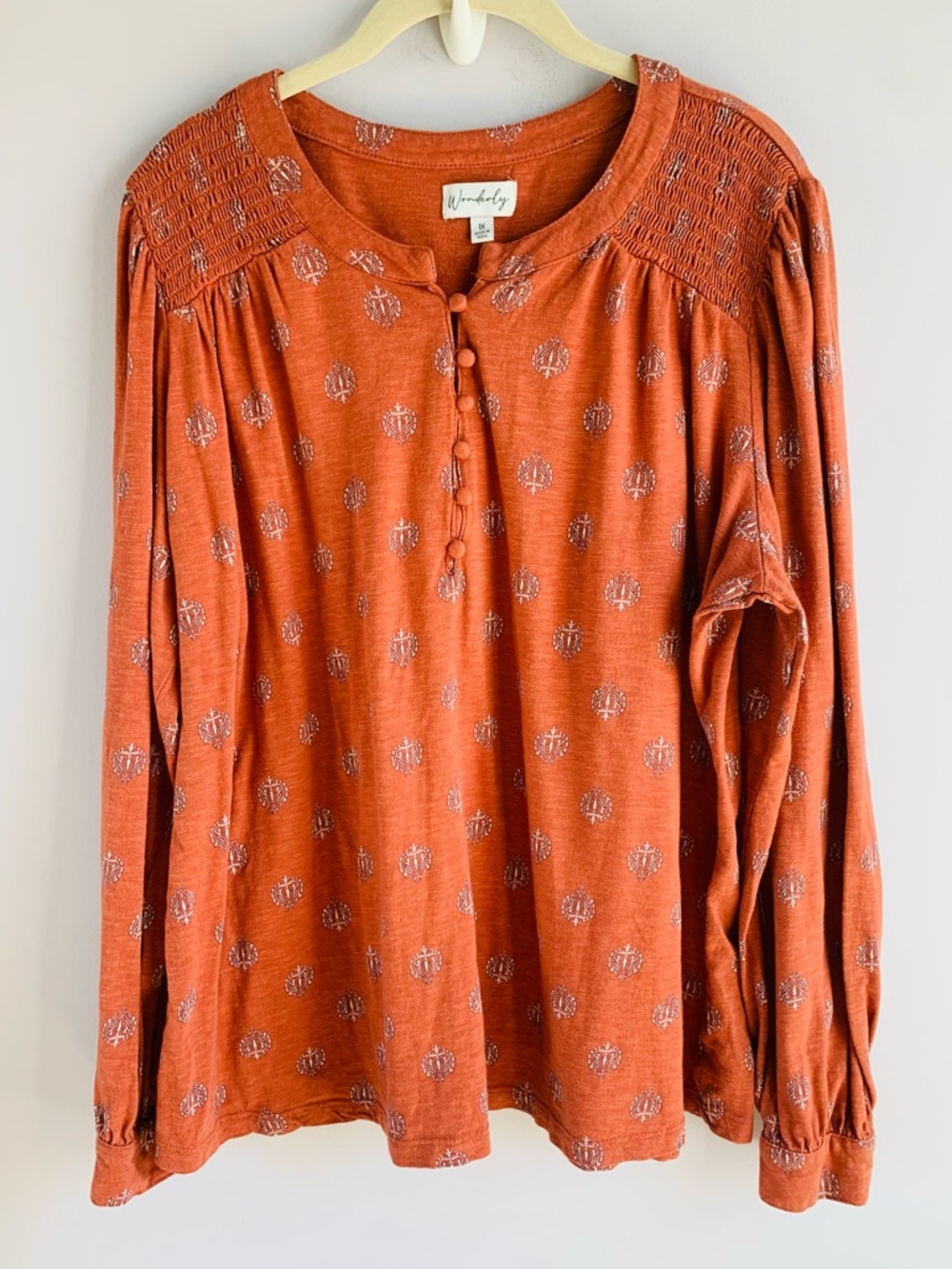 Wonderly Long Sleeve Top Rust Terracotta Button Placket Soft Patterned Plus 1X